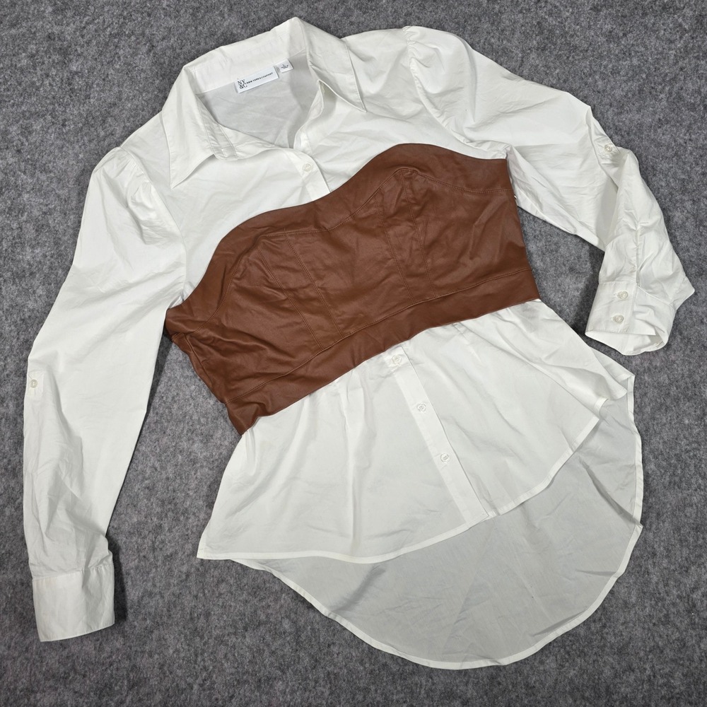 New York & Co Twofer Blouse Corset Bustier Shirt White Brown Faux Leather Large